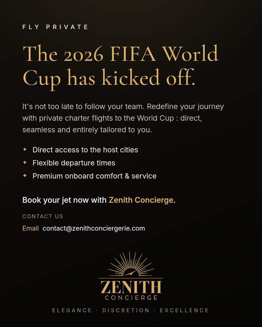 Zénith Conciergerie private jet for the 2026 FIFA World Cup
