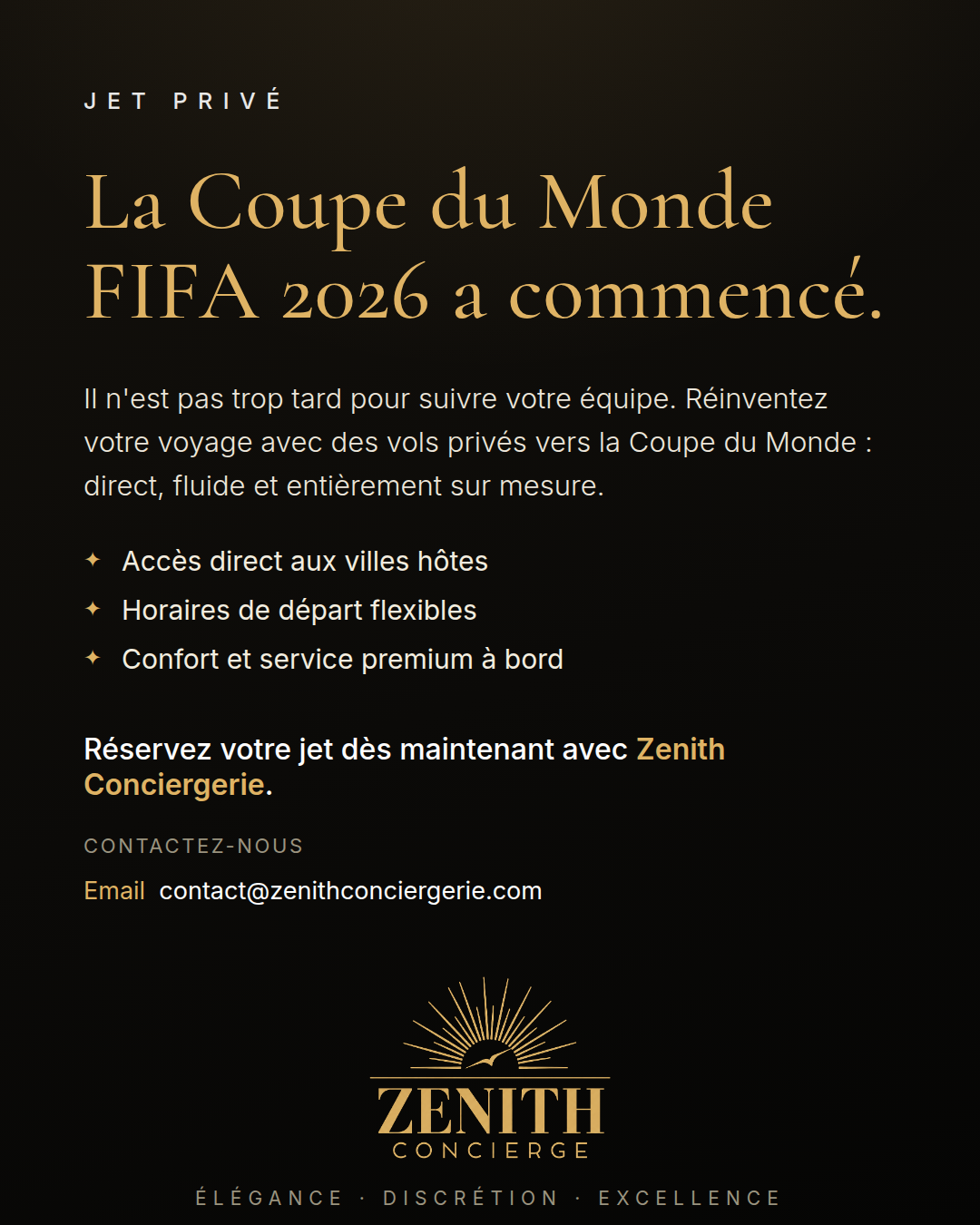Jet privé Zénith Conciergerie pour la Coupe du Monde FIFA 2026